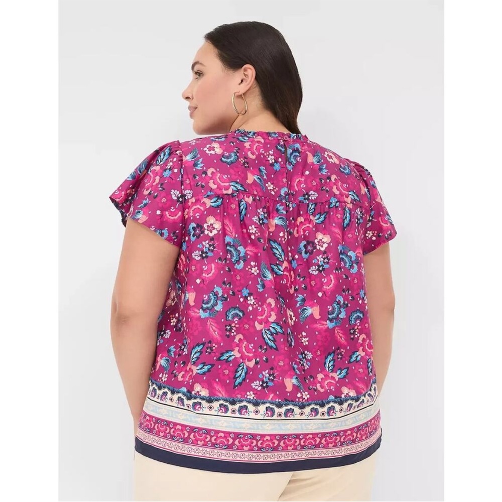 Lane Bryant NWT Sz 18 Burgundy Floral & Bird Print Short Sleeve Blouse Cotton - Picture 2 of 12
